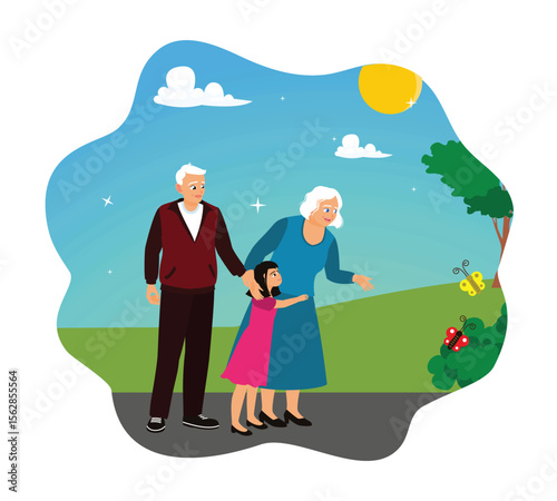 Grandparents spend time with granddaughter outdoors.