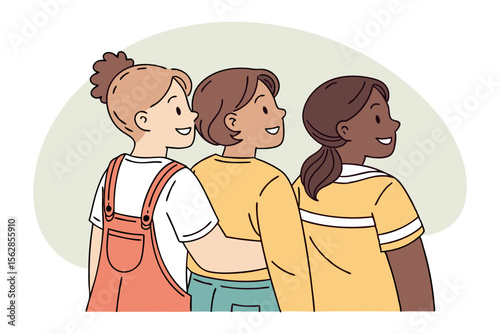 United in Friendship: A heartwarming illustration of three diverse female figures standing side-by-side, symbolizing unity, inclusion, and the strength of companionship.