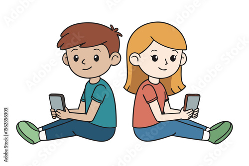 Connected Companions: A vibrant illustration of two young individuals absorbed in their handheld devices, their backs touching, creating a sense of digital connection and companionship.