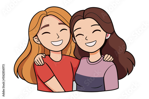 Joyful Friends Illustration: Two happy girls with long hair, embracing and smiling, showcasing the beauty of friendship and positive emotions.