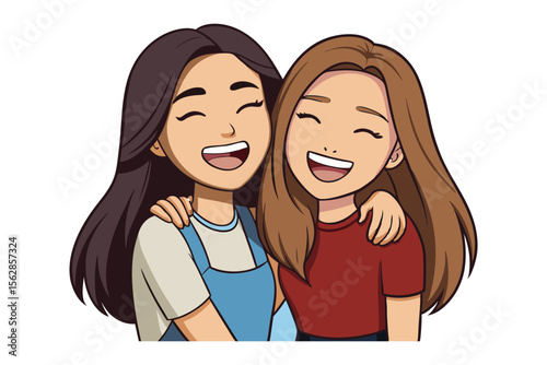 Joyful bond: Two smiling friends embrace in a tender hug, their faces lit with the warmth of genuine happiness and unbreakable friendship. Capturing the essence of camaraderie.