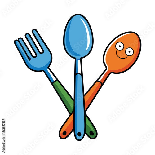 Colorful Cartoon Cutlery Spoons, Fork, Kitchen Utensils Illustration