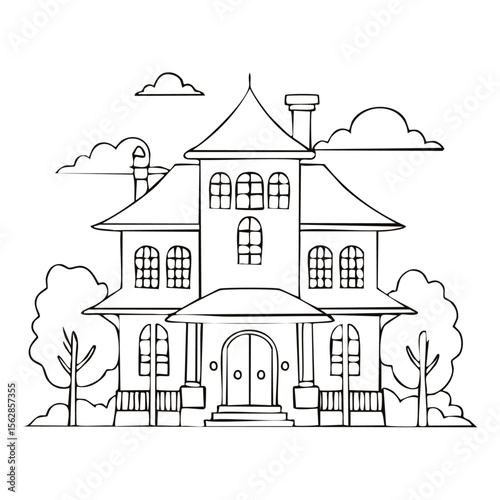 Elegant Hand-Drawn Sketch of a Two-Story House with Lush Greenery