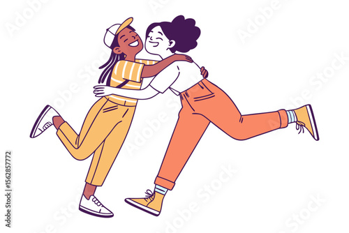 Joyful Embrace of Friendship: Illustration of two friends sharing an affectionate hug. Their cheerful expressions and dynamic pose radiates warmth and connection.