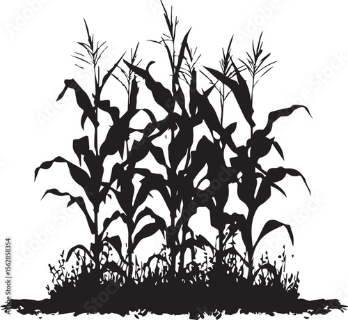 Silhouette of growing corn with leaves black on white background 