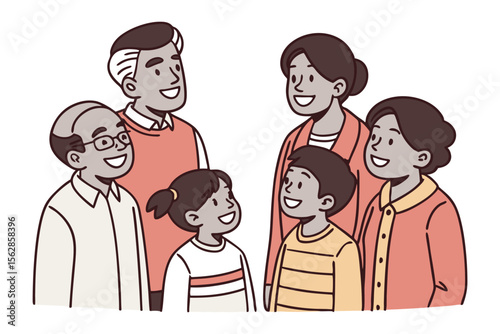 Joyful Family Gathering: A heartwarming illustration captures a multi-generational family portrait filled with warmth, unity, and cherished bonds. This family portrait showcases the beauty of kinship.