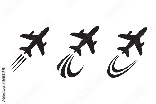 Black and white minimalist airplane icons showcasing flight motion and speed in a simple design.