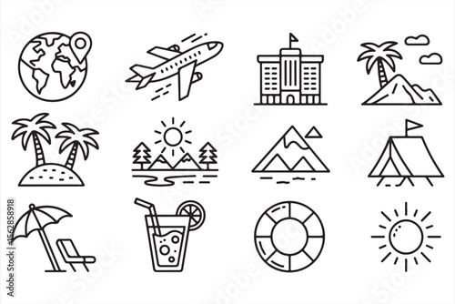Minimalist icons for vacation and adventure, perfect for travel designs.