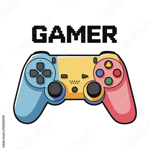 Colorful video game controller with pixel gamer text for fun design