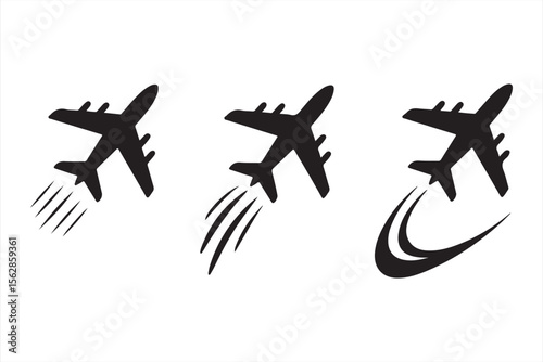  Set of black and white vector airplane icons showing different takeoff motions.