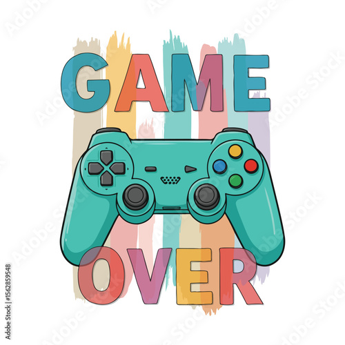 Retro video game controller with game over text colorful background