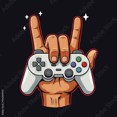 Rock on gaming hand holding gamepad controller vector illustration on black