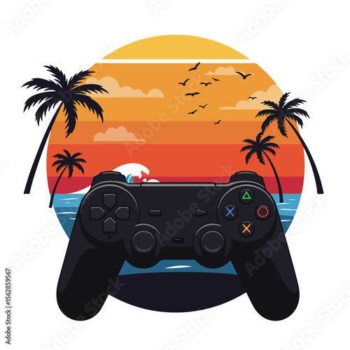 Tropical gaming escape with controller sunset sea and palm trees illustration
