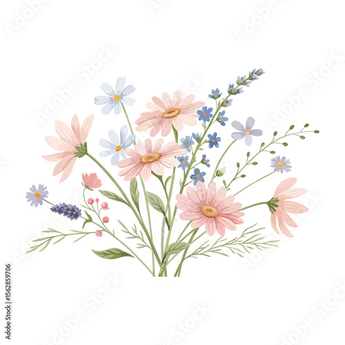 Watercolor Floral Bouquet Illustration Pink, Blue, and White Flowers