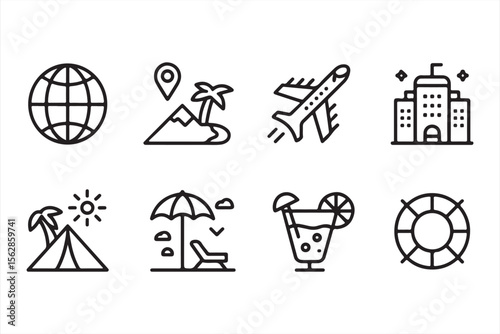 Minimalist travel icons set featuring a globe, beach, airplane, and more.