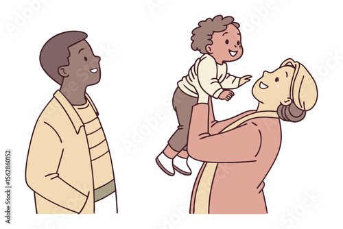 Family Moments: A joyous illustration depicts a mother and child sharing a loving moment, with the child lifted in the air, exuding happiness and affection. The father looks on adoringly.