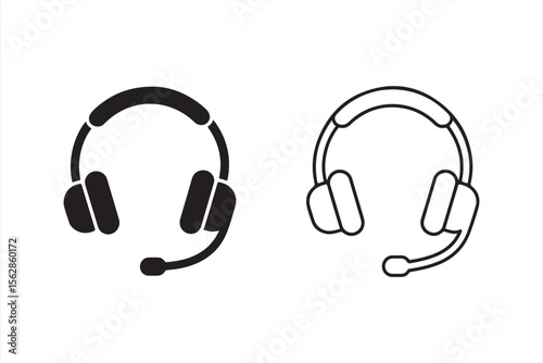 Simple Black and White Icon of Headset with Mic, Modern Communication Technology Symbol