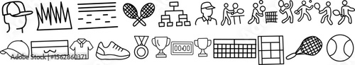 Collection of black line icons featuring tennis equipment, courts, players, tournaments, and accessories in a modern minimalist outline style.