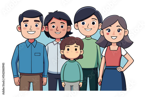 Family Portrait: A heartwarming illustration of a diverse family united in a pose, depicting familial love and connection in a cheerful style.
