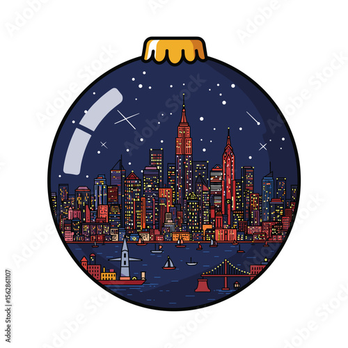 City skyline illustration inside a Christmas ornament  