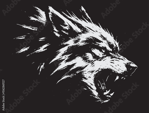 Aggressive growling wolf head in rough black and white brush sketch style with wild expression and fur strokes.