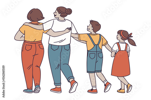 Family Bonds: This illustration depicts a mother and two children with arm around their shoulder embrace a young woman, symbolizing the importance of family bonds and the power of togetherness.