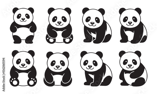 Collection of cute panda bear characters in various poses and styles silhouette