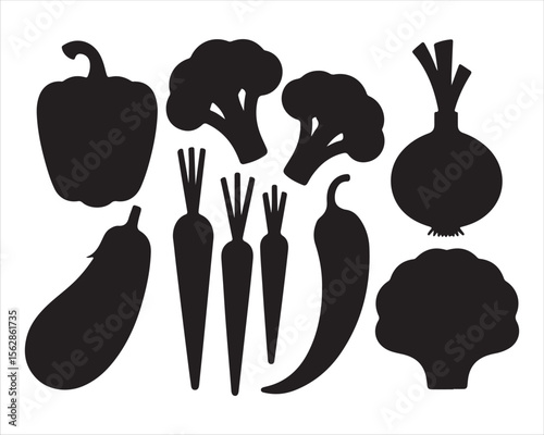 Collection of black vegetable silhouettes including bell pepper eggplant carrots broccoli chili and onion