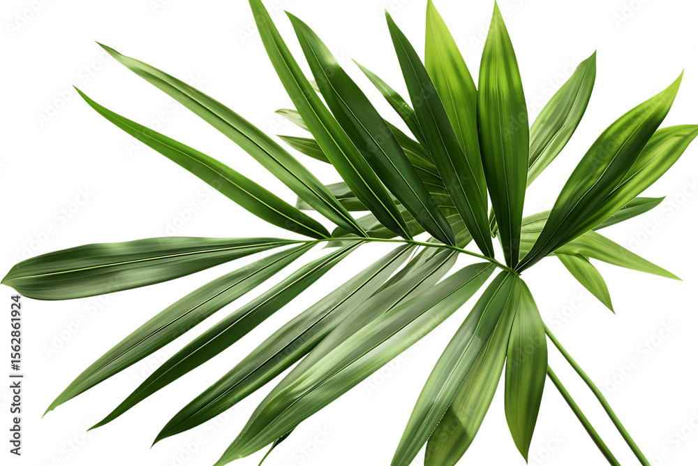 Fototapeta premium Vibrant green palm leaves isolated on black background.