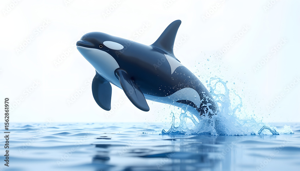 Obraz premium Dynamic illustration of a killer whale (orca) leaping from the water. Represents marine life, power, or aquatic shows. Energetic and majestic.