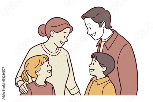 Family Portrait of Love: A warm illustration depicts a loving family of four, two parents and two children, sharing a moment of connection and tenderness.