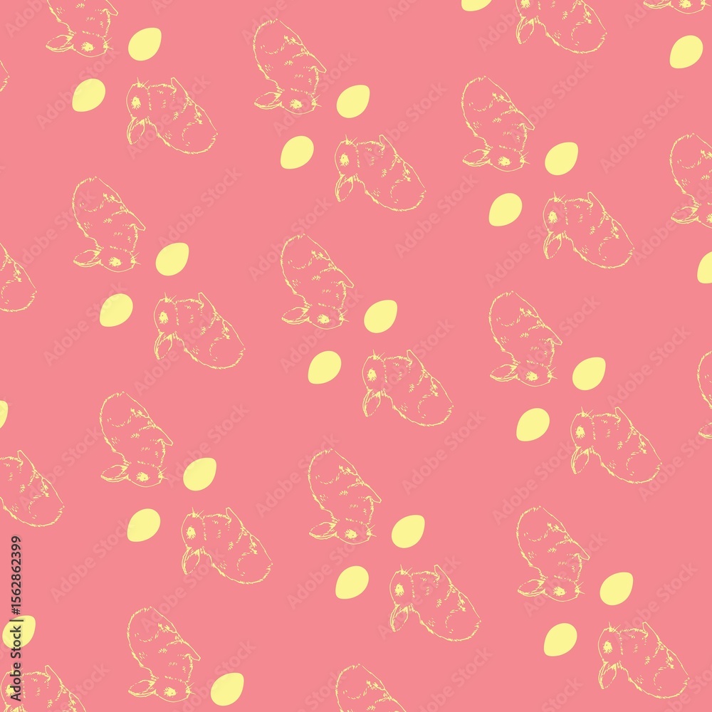 Naklejka premium Repeating yellow rabbit head outlines and small ovals are forming flat coral pink pattern