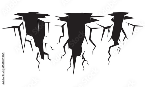 Jagged black cracks and fissures descend from a broken abstract shape silhouette