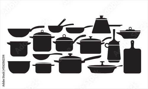 Collection of black kitchen cookware and utensils silhouette