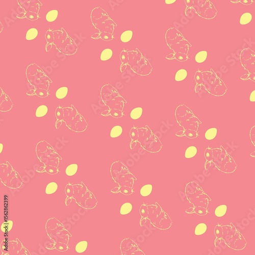 Repeating yellow rabbit head outlines and small ovals are forming flat coral pink pattern