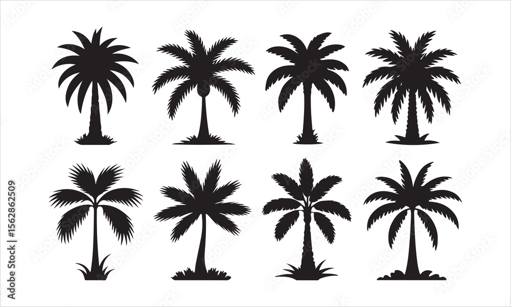 Fototapeta premium Collection of eight diverse palm tree silhouettes on a white background