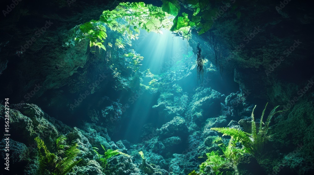 Fototapeta premium Sunlight streams into a deep underwater cave, illuminating vibrant greenery and rocky formations.