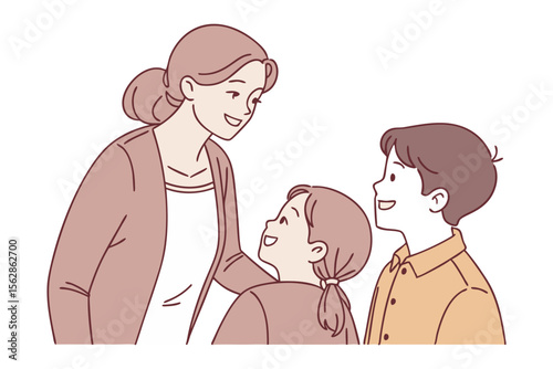 Moments of Togetherness: A loving interaction unfolds as a mother and her children share a moment of connection, reflecting a portrait of family love and the comforting presence of a parent.