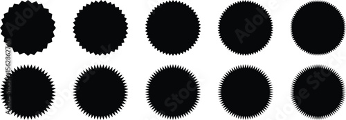 Set of black starburst. Price sticker, sale sticker, price tag, starburst, quality mark, retro stars, sale Circle sticker set. Wavy edge promo red badges. Star burst shape tags for price. Red sale tag