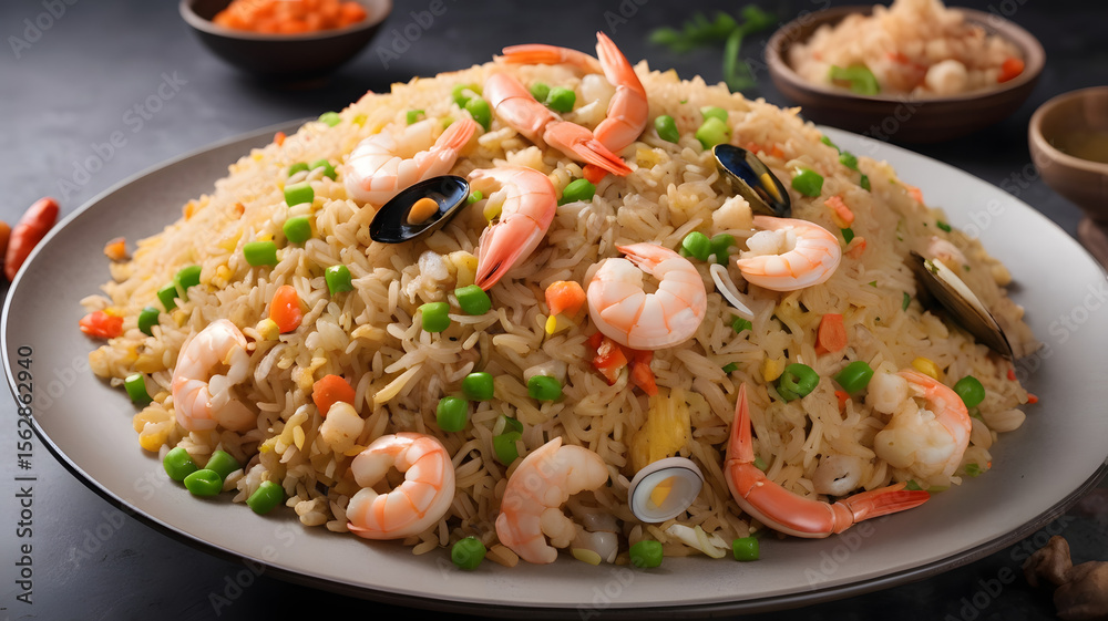 Mixed seafood fried rice with smoke on top Sprinkle with spring onions to make it look delicious. Mixed seafood fried rice with smoke on top Sprinkle with spring onions to make it look delicious.
