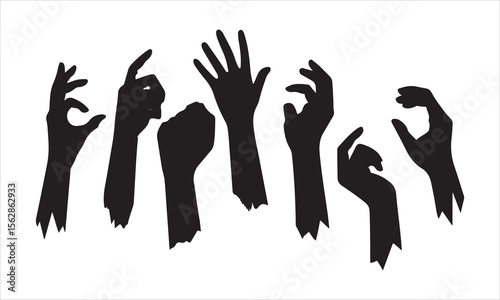 Collection of diverse human hands reaching up in silhouette against a white background