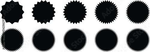 Black starburst sticker set. Circle sticker set. Special offer price tag. Price sticker, sale sticker, starburst, quality mark, retro silhouette. Sunburst retro sale badge, quality signs, red sale tag
