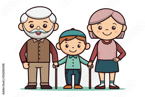 Family Bonds: A heartwarming cartoon illustration featuring a cheerful grandparent with their grandson, capturing the beauty of family connection and togetherness in a whimsical style.