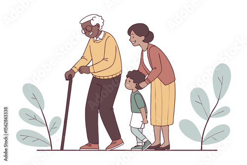 Family Stroll: A heartwarming illustration shows three generations walking together, depicting a moment of intergenerational support, love, and connection.