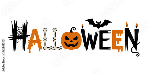 Creative Halloween Typography with Pumpkin, Bones, Candles, and Bat Elements – Festive Holiday Lettering Design Isolated on Transparent Background