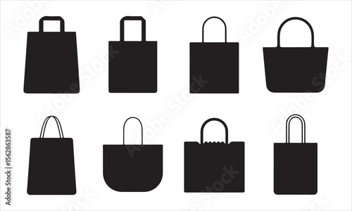 Collection of eight black shopping bag icons in silhouette style