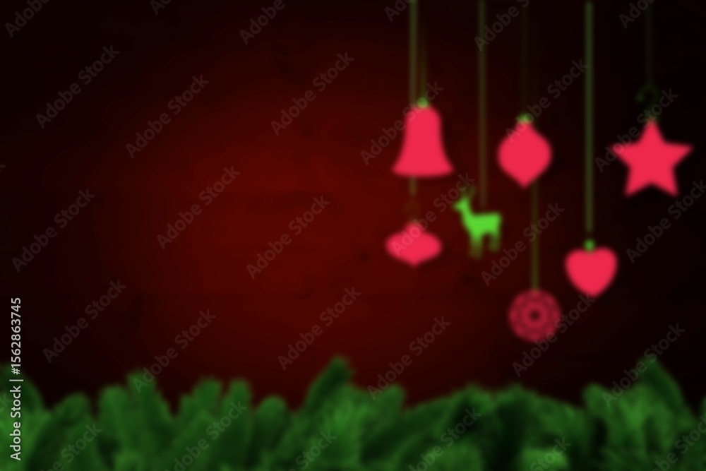 Fototapeta premium Blurred christmas decorations hanging over wood