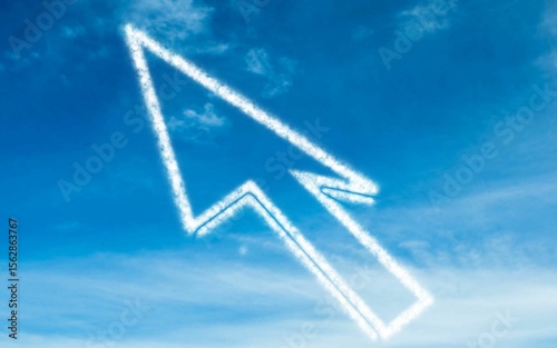 Flat illustration is showing cursor-shaped cloud contrails drifting in blue sky, forming arrow