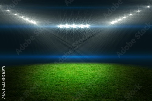 Flat design green grass pitch glowing under curved floodlights, showing light beams and blue flares