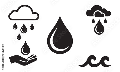 Collection of weather and water icons including rain clouds drops and waves silhouette